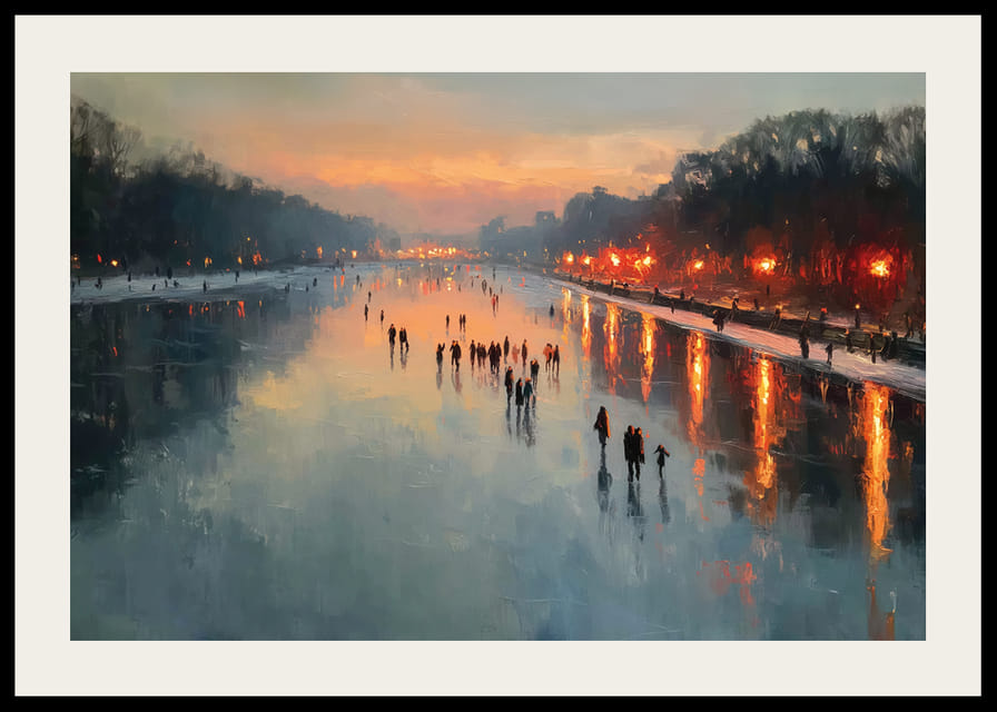 Skridskoåkare i solnedgång, spegelblanka ytor och varmt ljus-12