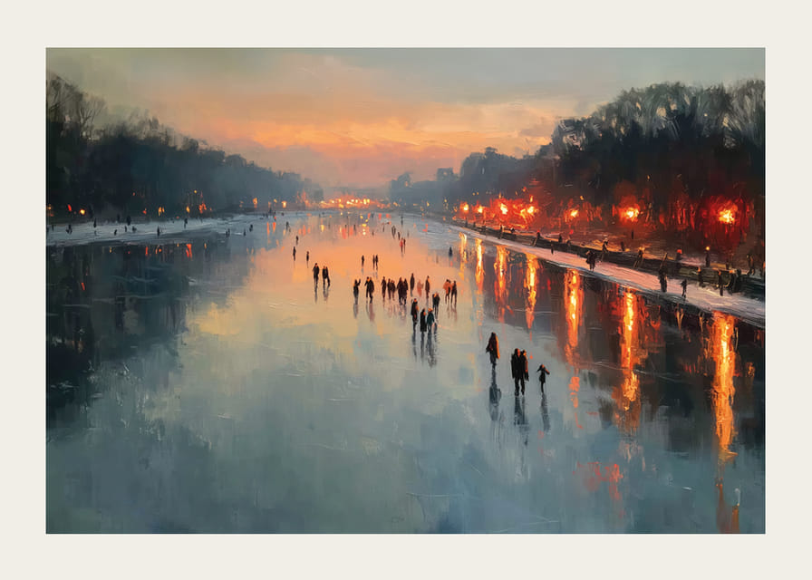 Skridskoåkare i solnedgång, spegelblanka ytor och varmt ljus-12