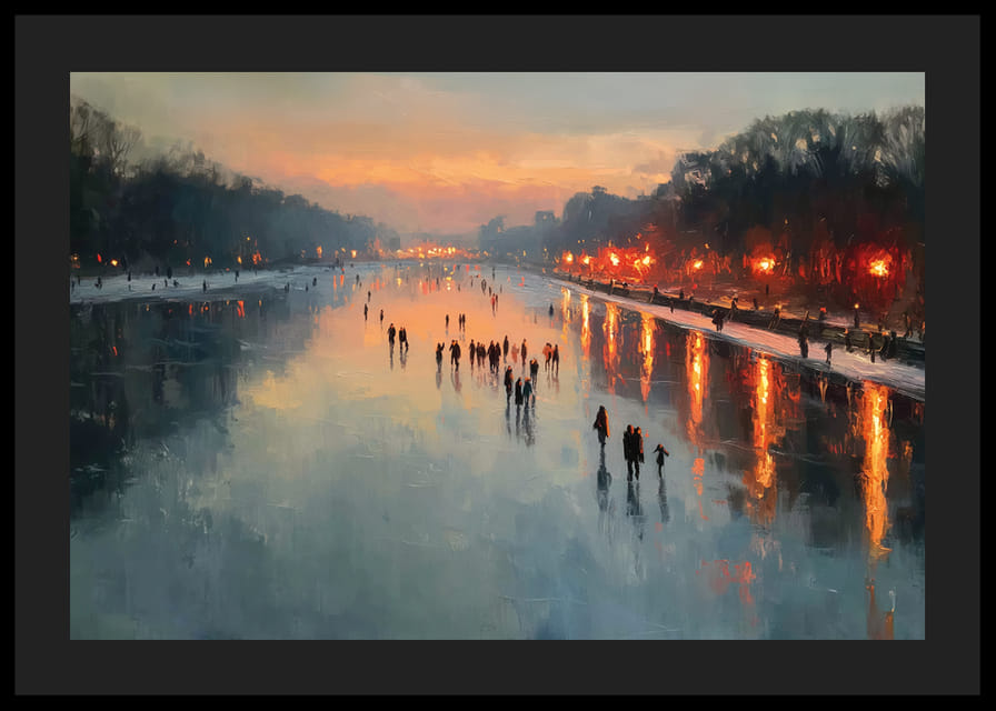 Skridskoåkare i solnedgång, spegelblanka ytor och varmt ljus-12