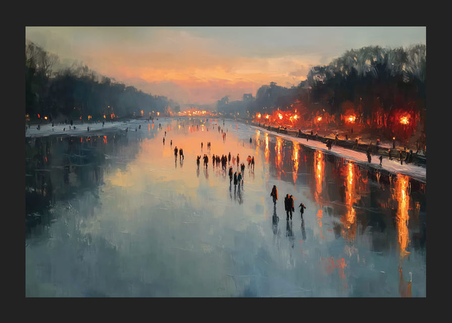 Skridskoåkare i solnedgång, spegelblanka ytor och varmt ljus-12