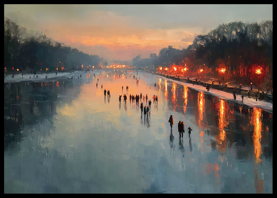 Patineurs au coucher du soleil, surfaces miroitantes et lumière chaude-12