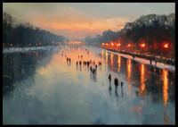 Łyżwiarze o zachodzie słońca, lustrzane powierzchnie i ciepłe światło-2