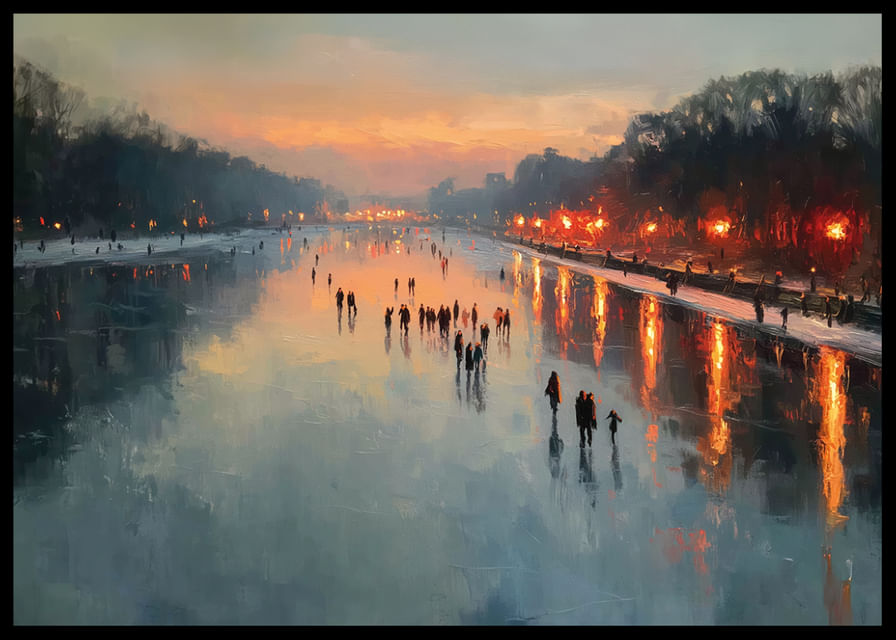 Łyżwiarze o zachodzie słońca, lustrzane powierzchnie i ciepłe światło-12