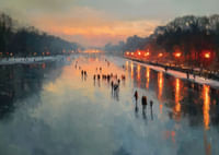 Łyżwiarze o zachodzie słońca, lustrzane powierzchnie i ciepłe światło-3