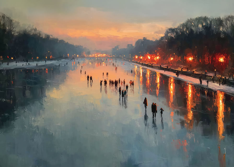 Łyżwiarze o zachodzie słońca, lustrzane powierzchnie i ciepłe światło-12