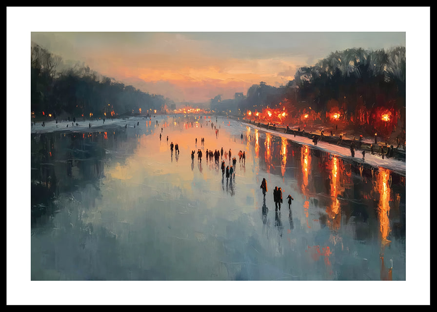 Patineurs au coucher du soleil, surfaces miroitantes et lumière chaude-12