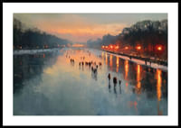 Łyżwiarze o zachodzie słońca, lustrzane powierzchnie i ciepłe światło-0