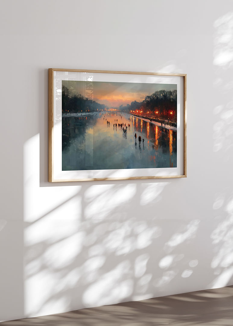 Łyżwiarze o zachodzie słońca, lustrzane powierzchnie i ciepłe światło-12