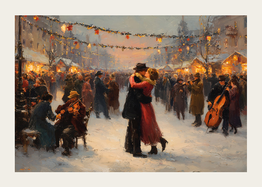 Un couple romantique danse sous les lumières scintillantes de l'hiver-12