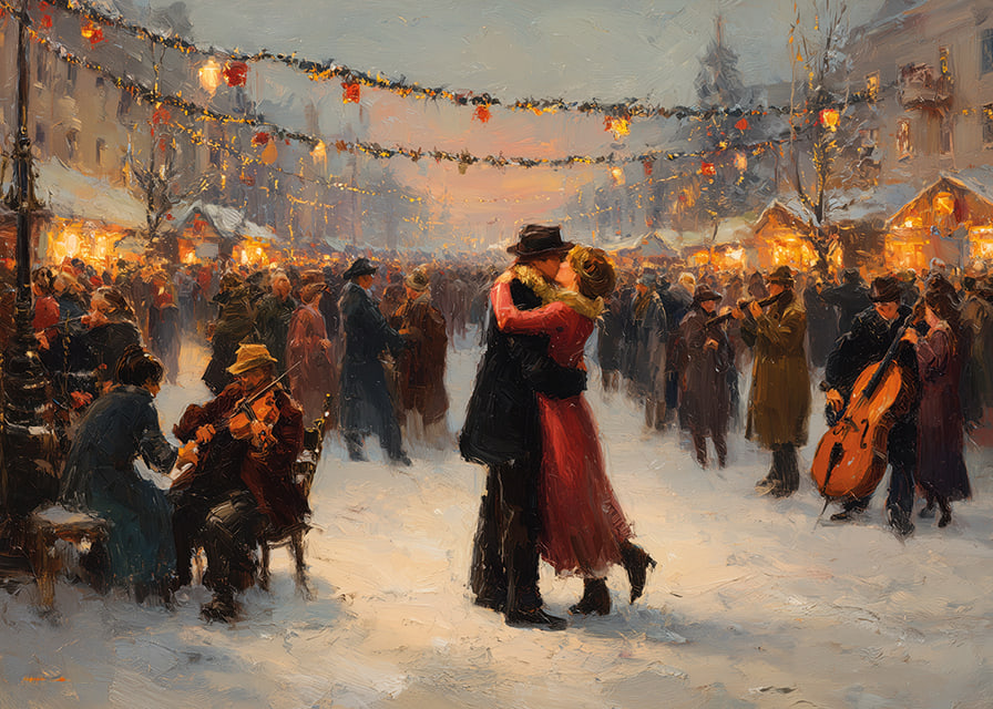 Un couple romantique danse sous les lumières scintillantes de l'hiver-12