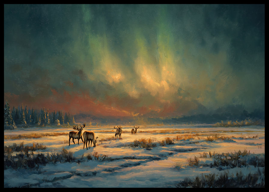 Magiczna zorza polarna nad zimową rzeką na pustkowiu lasu-12