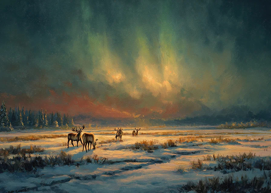Magical northern lights over a wintry river in the wilderness of the forest-12