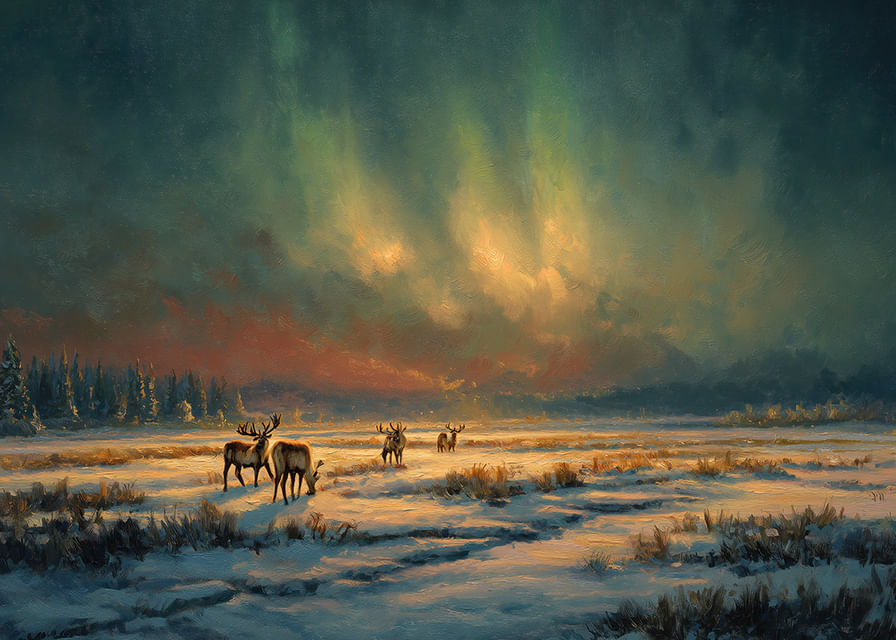 Magiczna zorza polarna nad zimową rzeką na pustkowiu lasu-12