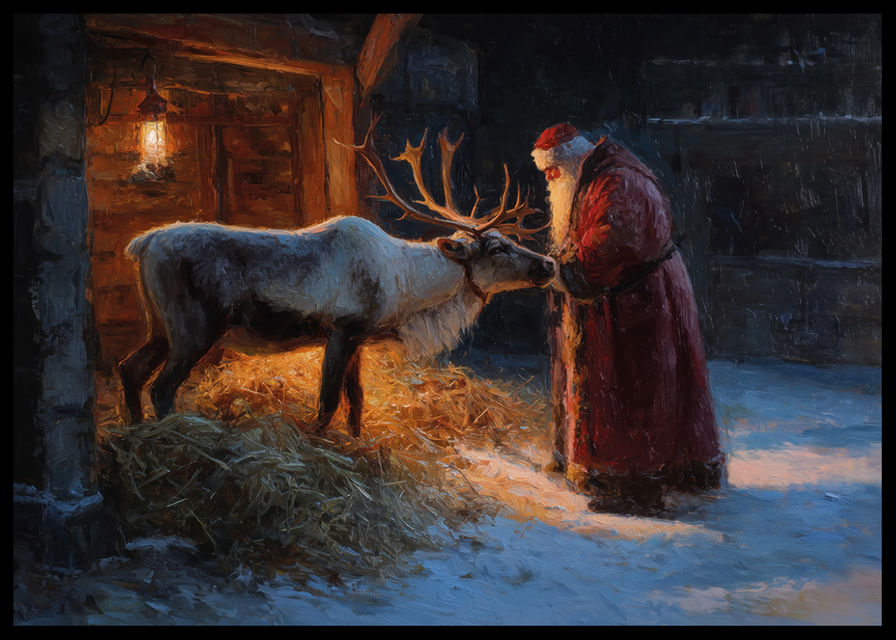 Święty Mikołaj spotyka renifery magicznego zimowego wieczoru-12