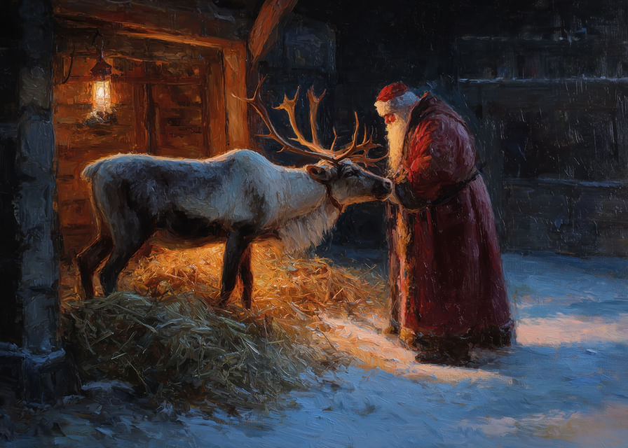 Święty Mikołaj spotyka renifery magicznego zimowego wieczoru-12