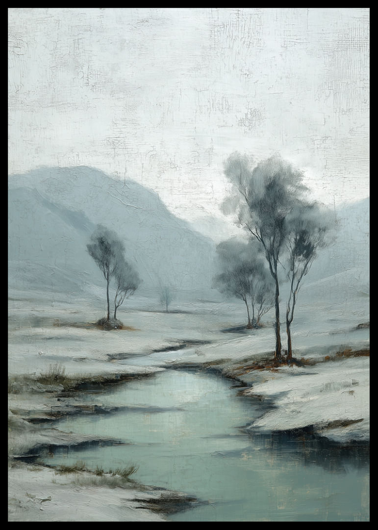 Une rivière hivernale serpente à travers un paysage enneigé paisible-12