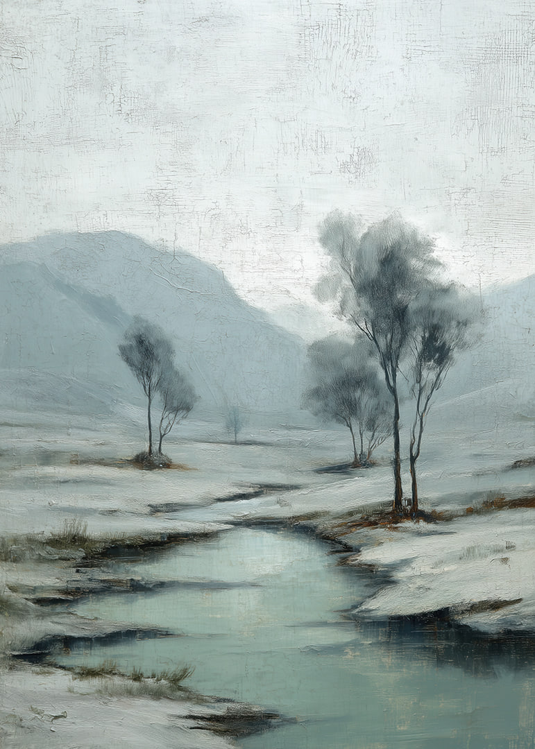 A wintry river meanders through a peaceful snowy landscape-12