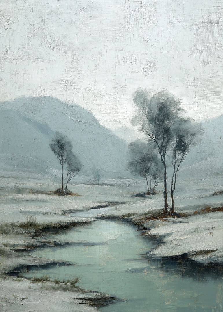 Une rivière hivernale serpente à travers un paysage enneigé paisible-12