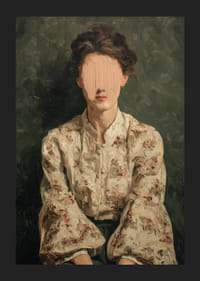 A mysterious woman in floral attire appears against a green background-5