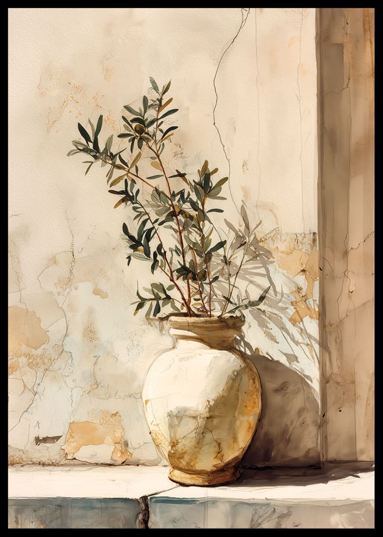 Un pot baigné de soleil crée une élégance intemporelle sur le mur.-12