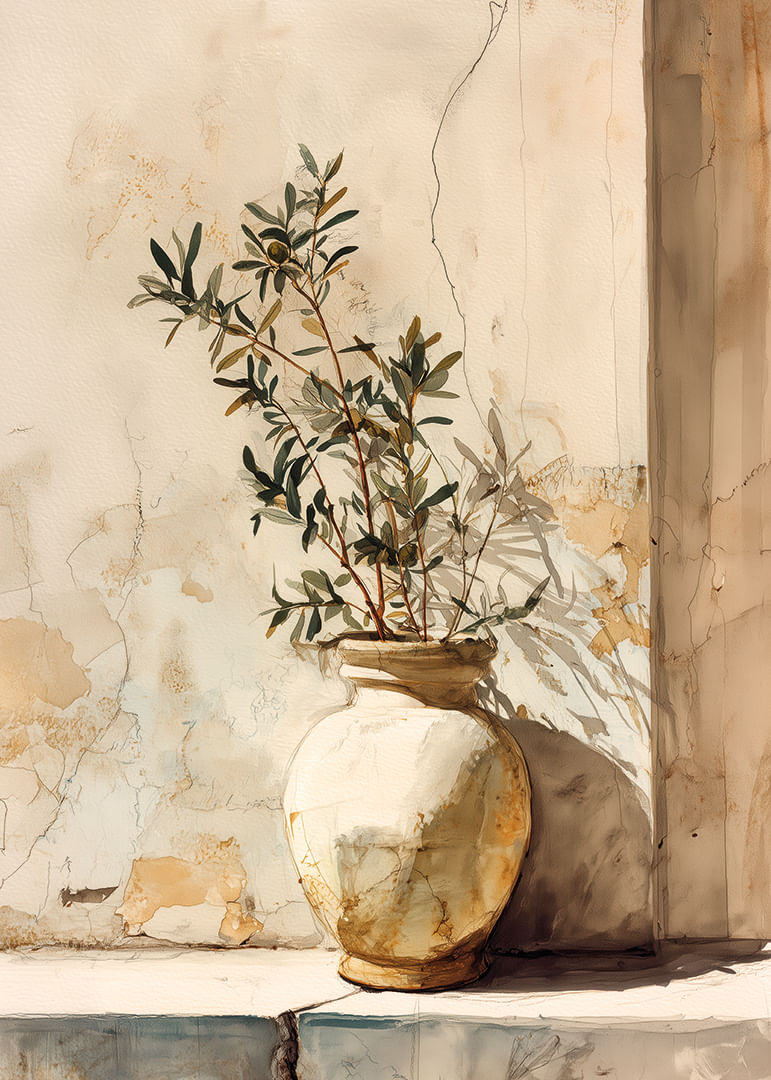 Un pot baigné de soleil crée une élégance intemporelle sur le mur.-12