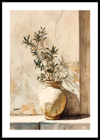 Un pot baigné de soleil crée une élégance intemporelle sur le mur.-0