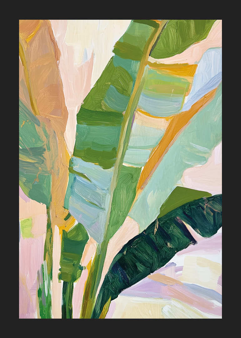 Abstrakta penseldrag av tropiskt lövverk i livliga färger-12