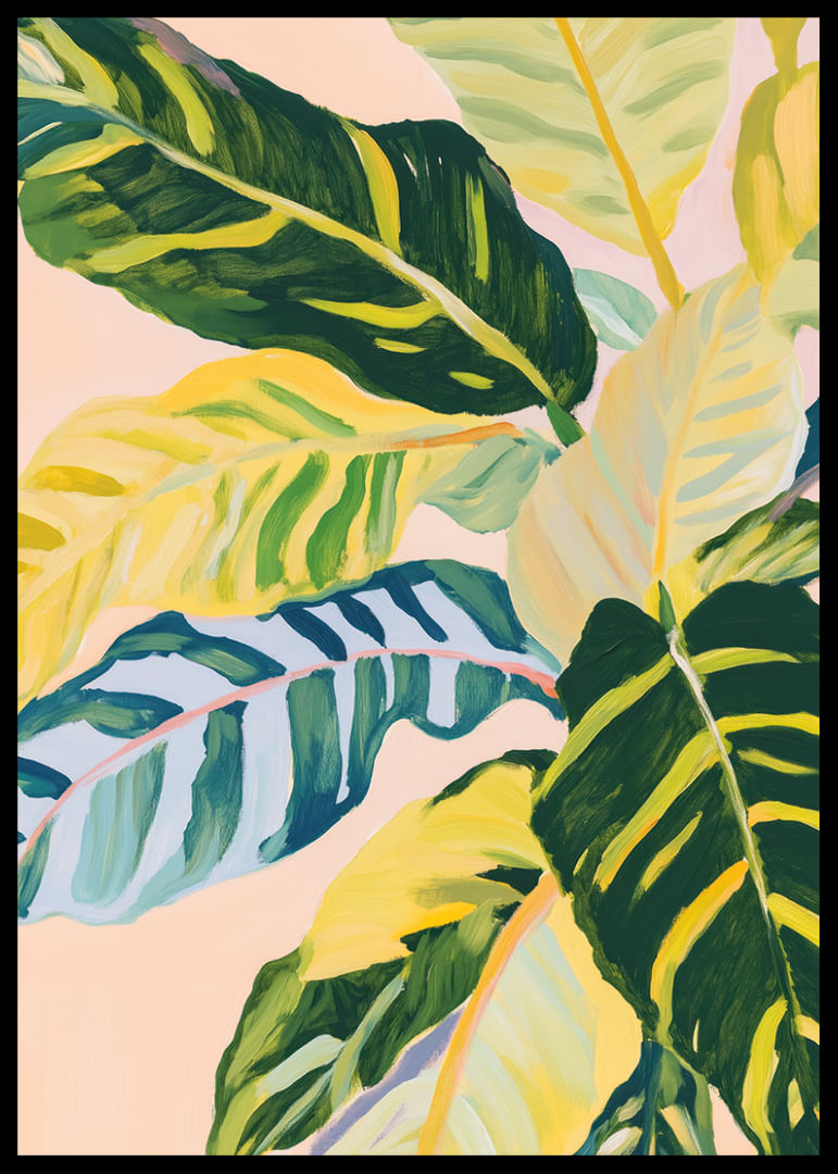 Feuilles colorées dans une harmonie tropicale sur fond rose-12