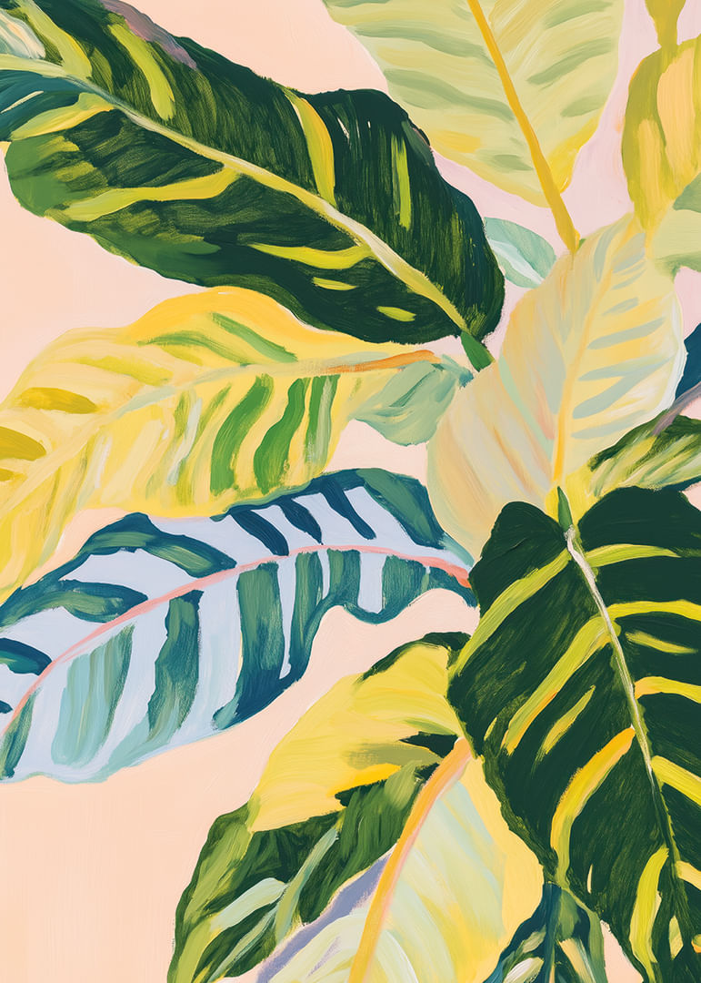 Feuilles colorées dans une harmonie tropicale sur fond rose-12