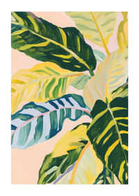 Feuilles colorées dans une harmonie tropicale sur fond rose-1