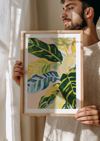 Feuilles colorées dans une harmonie tropicale sur fond rose-4