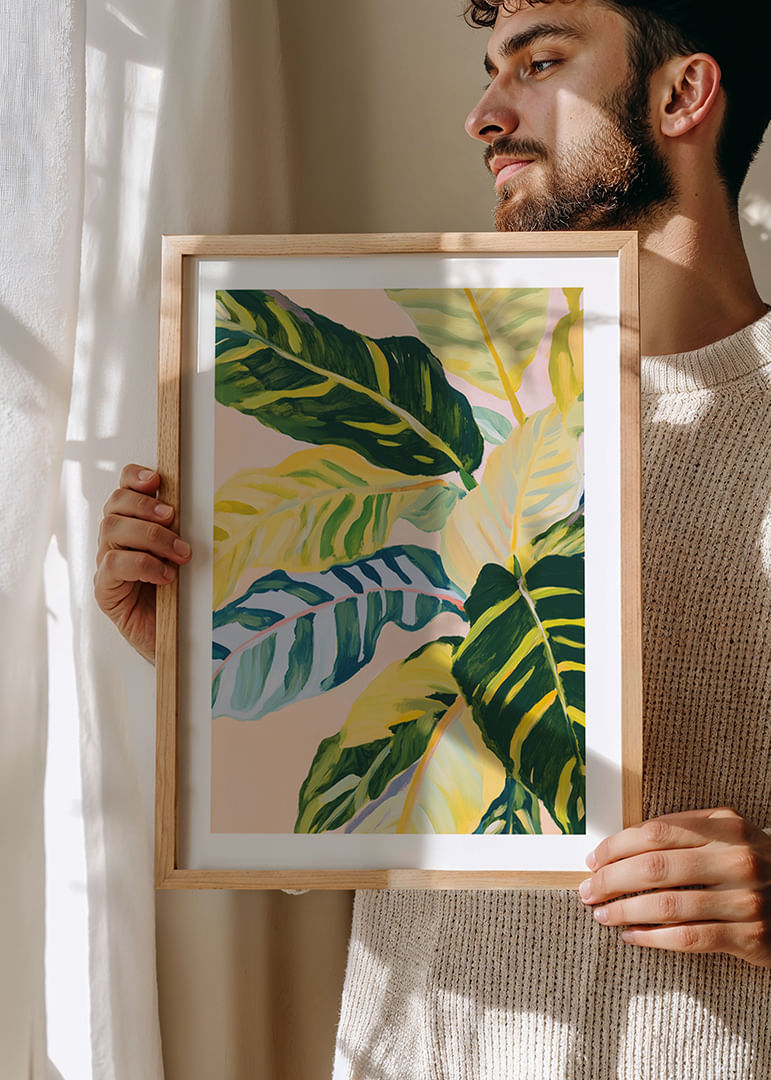 Feuilles colorées dans une harmonie tropicale sur fond rose-12