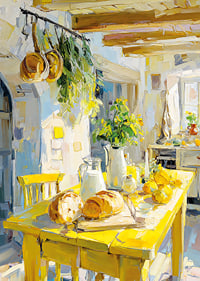 Country kitchen bathed in the golden light of the sun-7