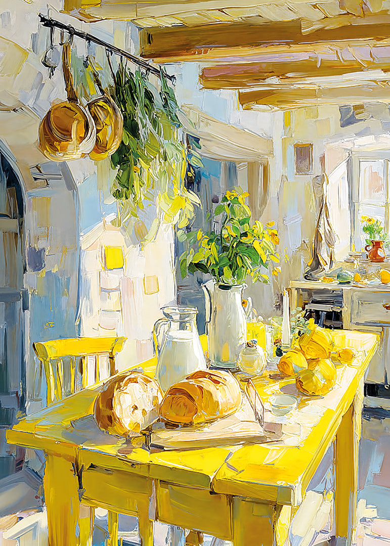 Country kitchen bathed in the golden light of the sun-12