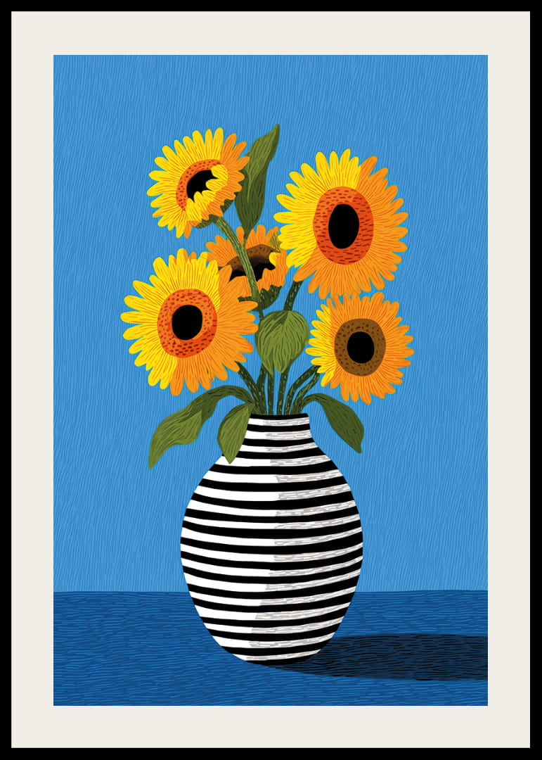 Bright sunflowers in a beautiful striped vase against a blue background-12