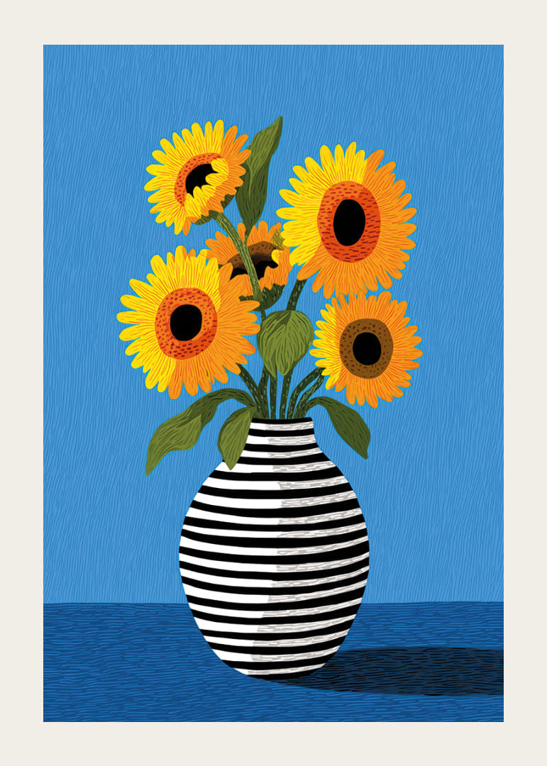 Bright sunflowers in a beautiful striped vase against a blue background-12