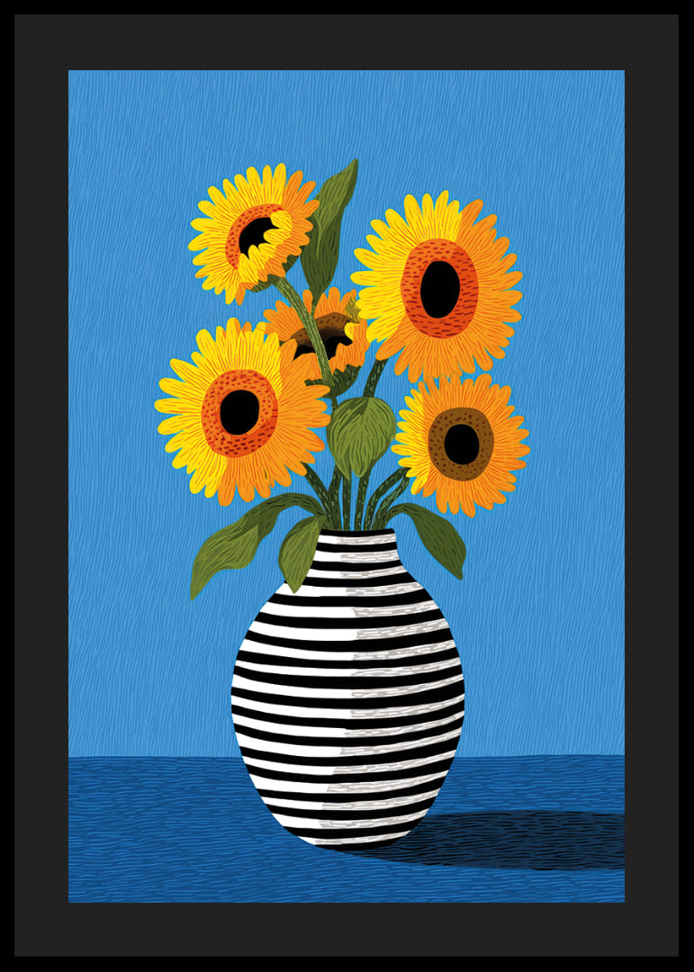 Bright sunflowers in a beautiful striped vase against a blue background-12