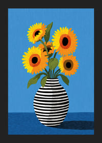 Bright sunflowers in a beautiful striped vase against a blue background-5