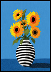 Des tournesols éclatants dans un magnifique vase à rayures sur fond bleu-2