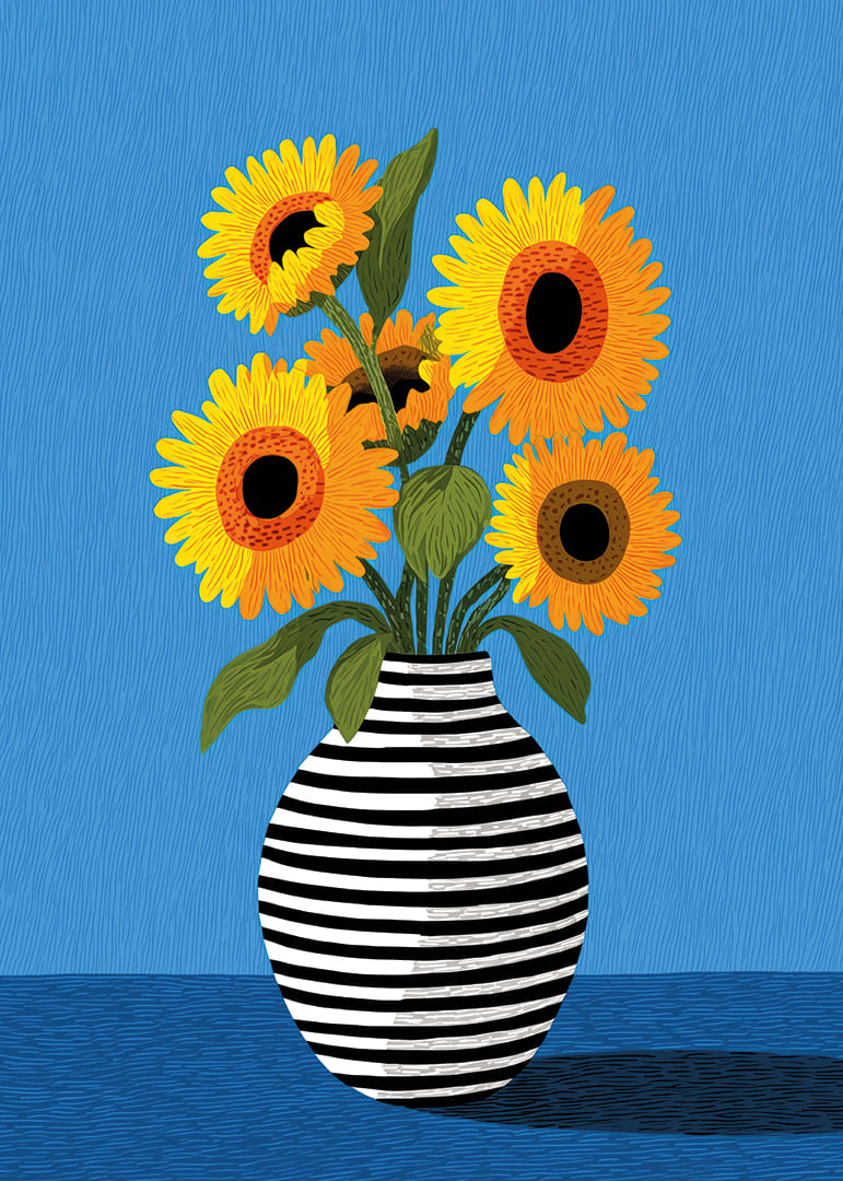 Des tournesols éclatants dans un magnifique vase à rayures sur fond bleu-12