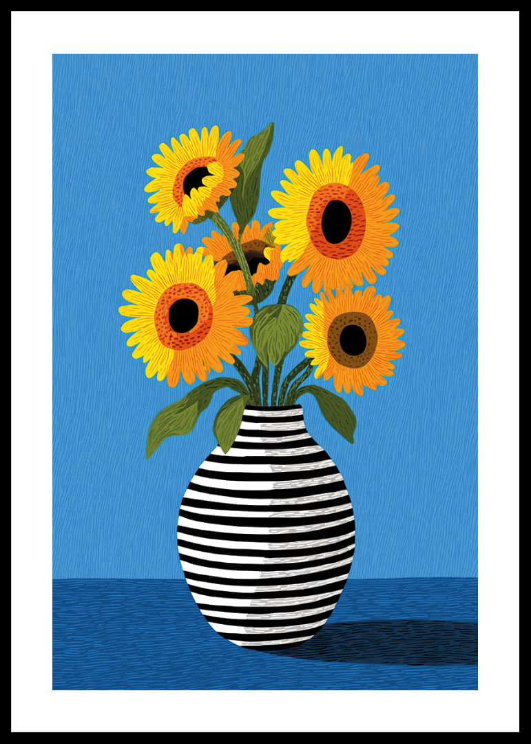 Des tournesols éclatants dans un magnifique vase à rayures sur fond bleu-12