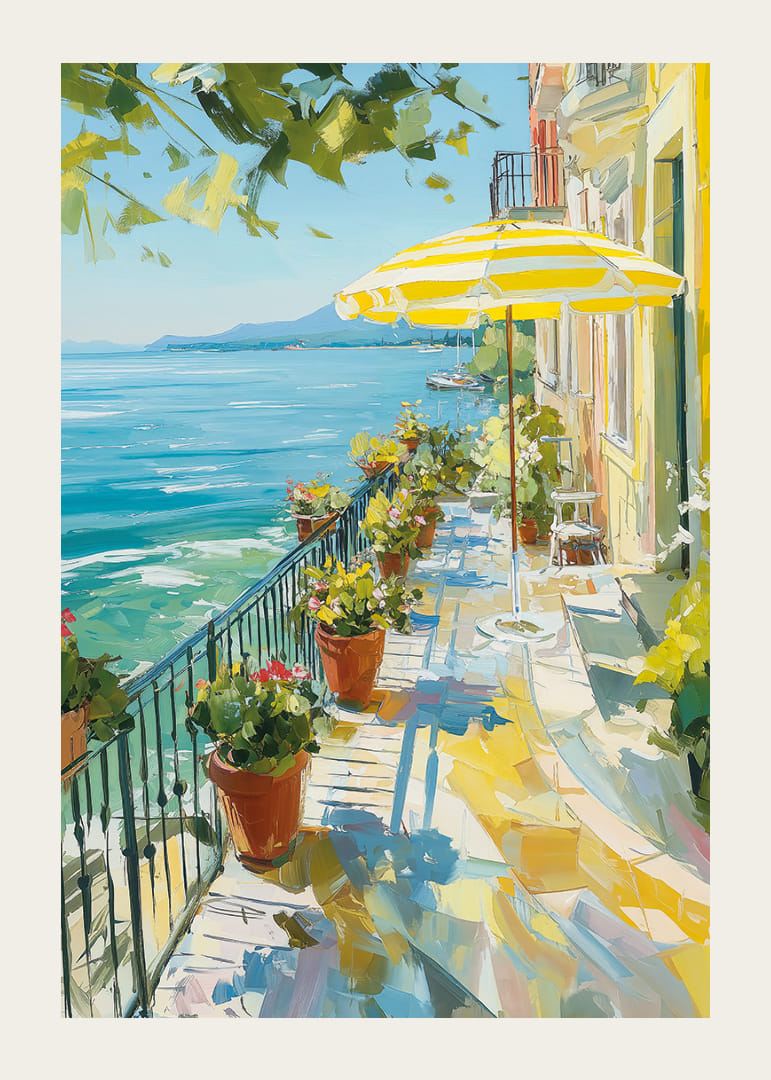 Solig terrass vid kristallklart vatten fyller rummet med sommarlugn-12