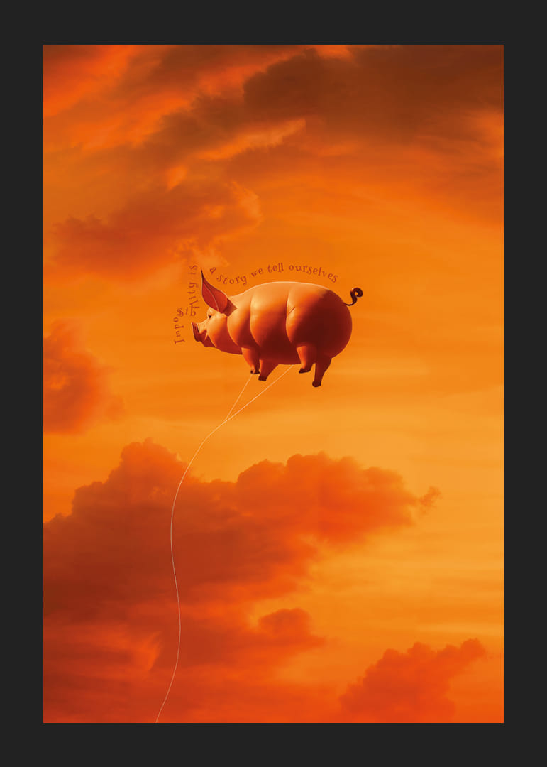 Pig floating towards sunset in dream landscape-12