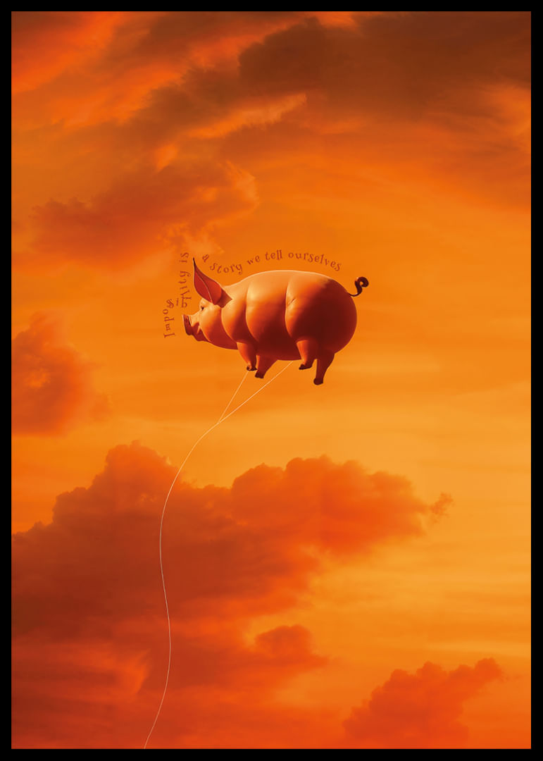 Świnia dryfująca w stronę zachodzącego słońca w krajobrazie marzeń-12