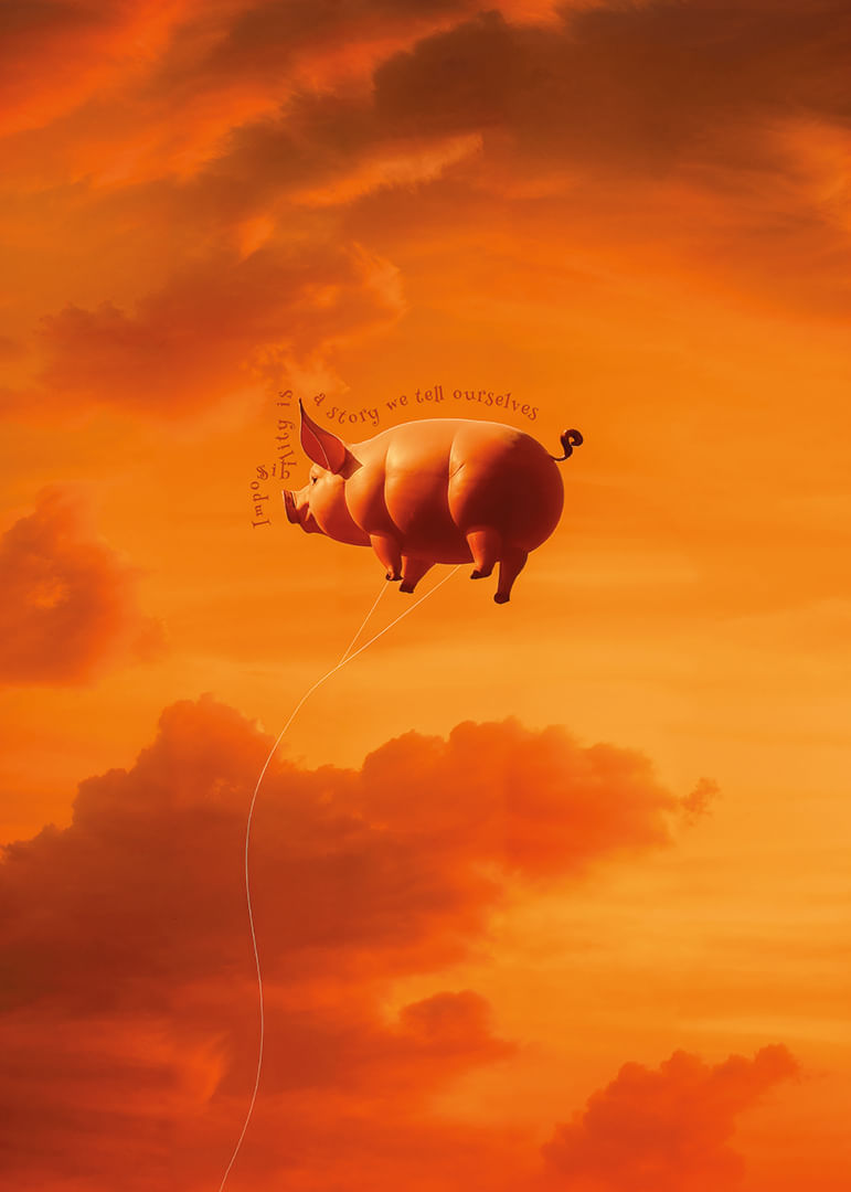 Świnia dryfująca w stronę zachodzącego słońca w krajobrazie marzeń-12