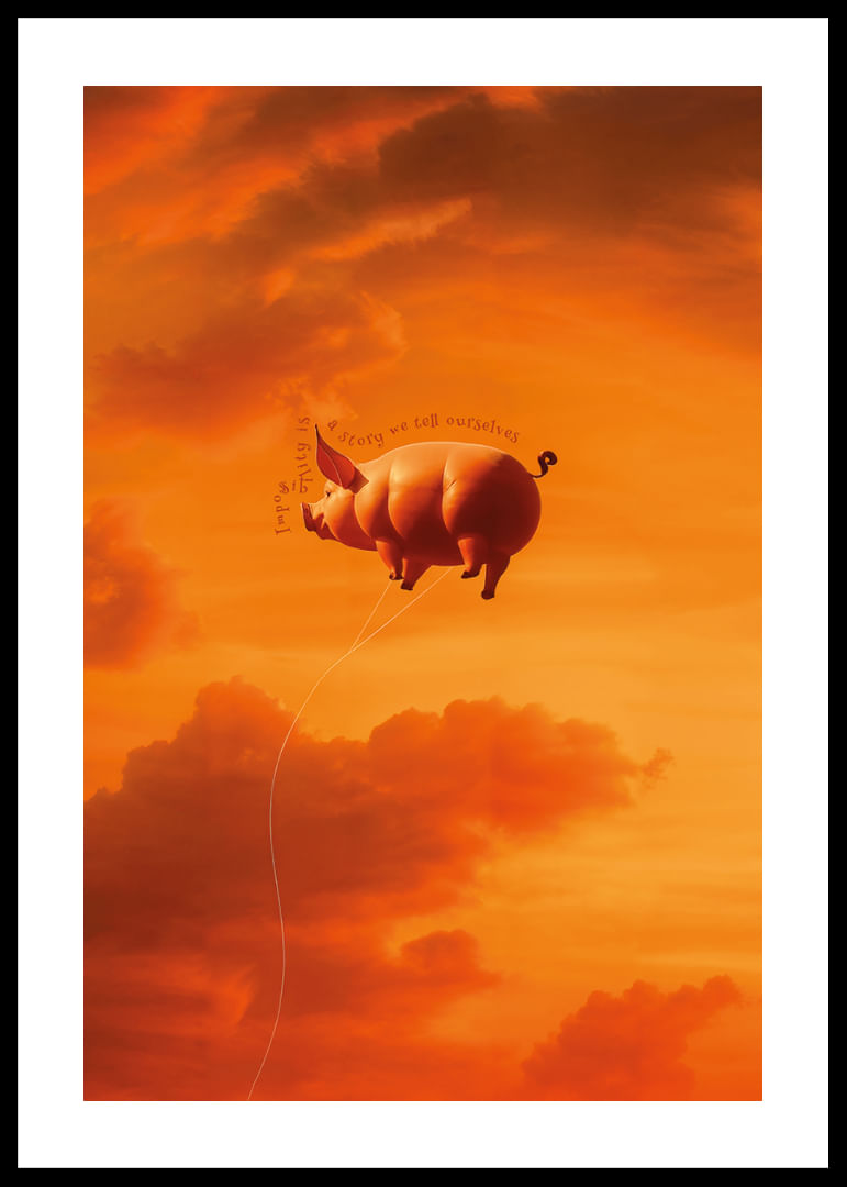 Świnia dryfująca w stronę zachodzącego słońca w krajobrazie marzeń-12