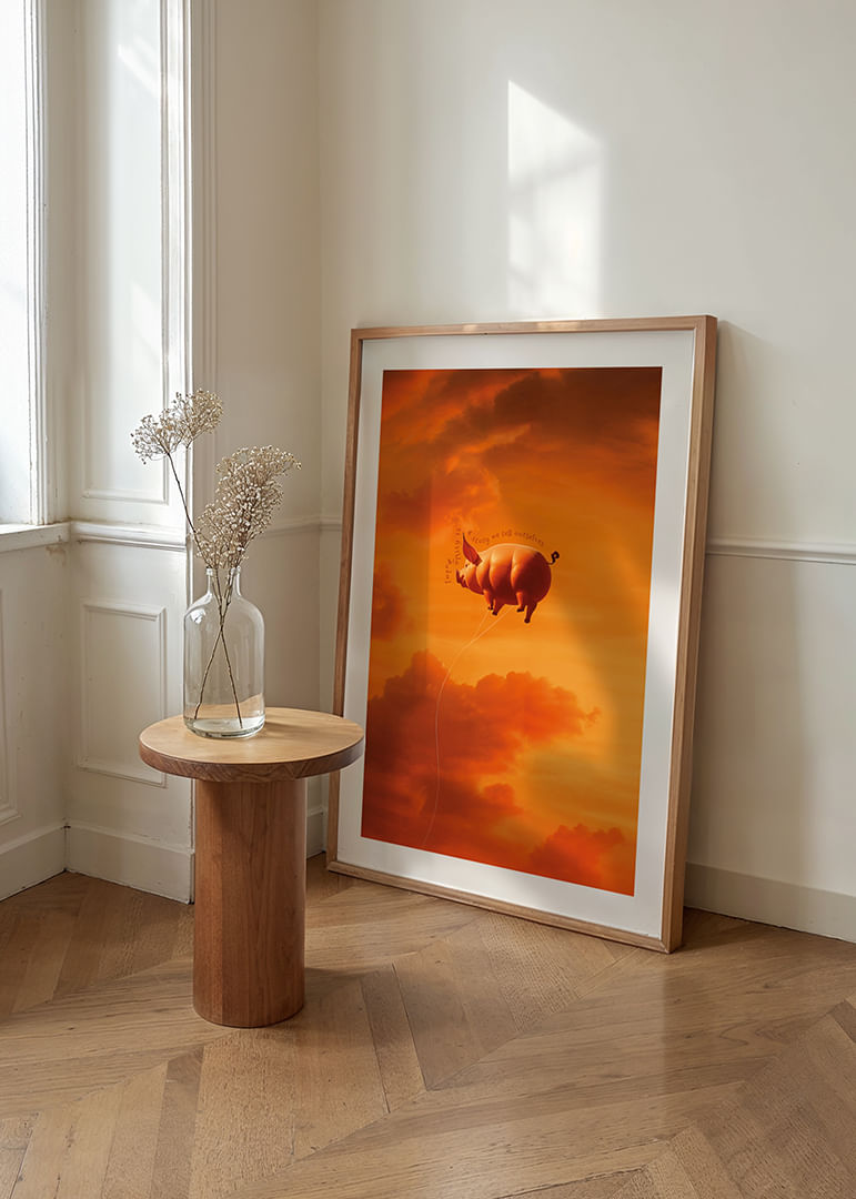 Świnia dryfująca w stronę zachodzącego słońca w krajobrazie marzeń-12