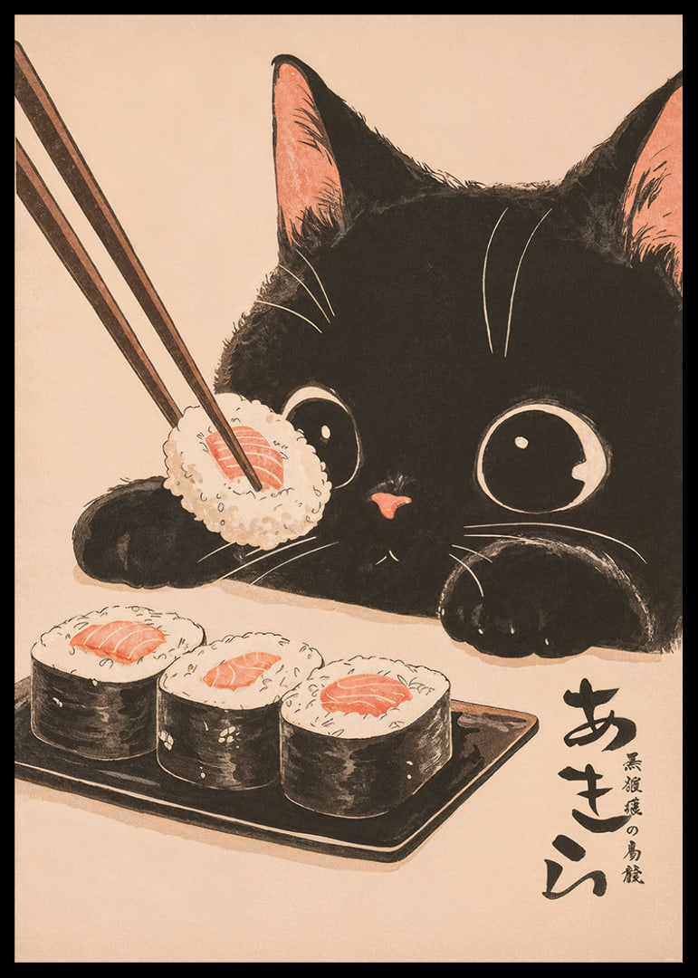 Nyfiken katt ser på sushi med stora, glada ögon-12