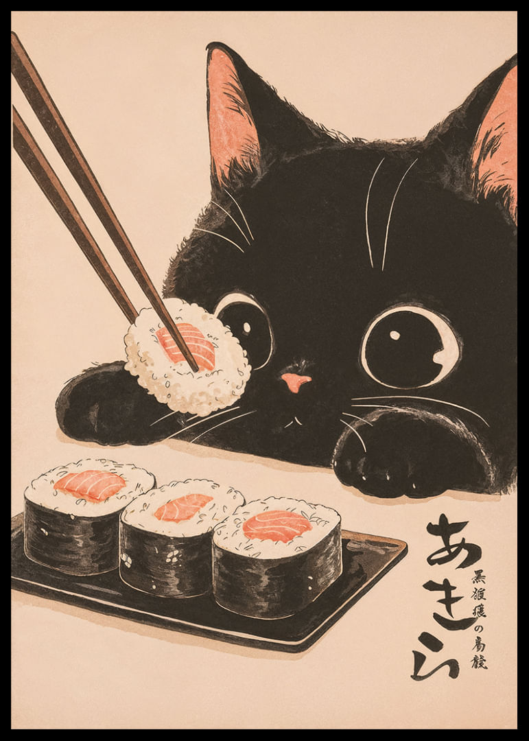 Nyfiken katt ser på sushi med stora, glada ögon-12