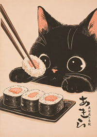 Nyfiken katt ser på sushi med stora, glada ögon-7
